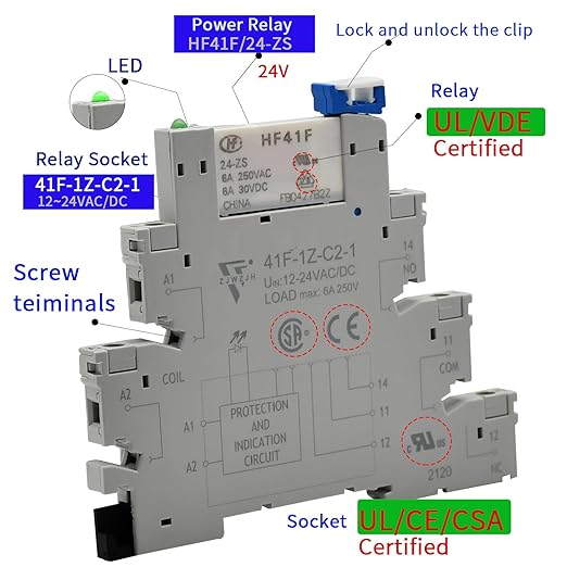 Electromagnetic Relay 24V DC/ 24V AC SPDT 6A with LED Indicator, Socket Base, DIN Rail, Ultra Thin 6.2mm, UL CE VDE Certification