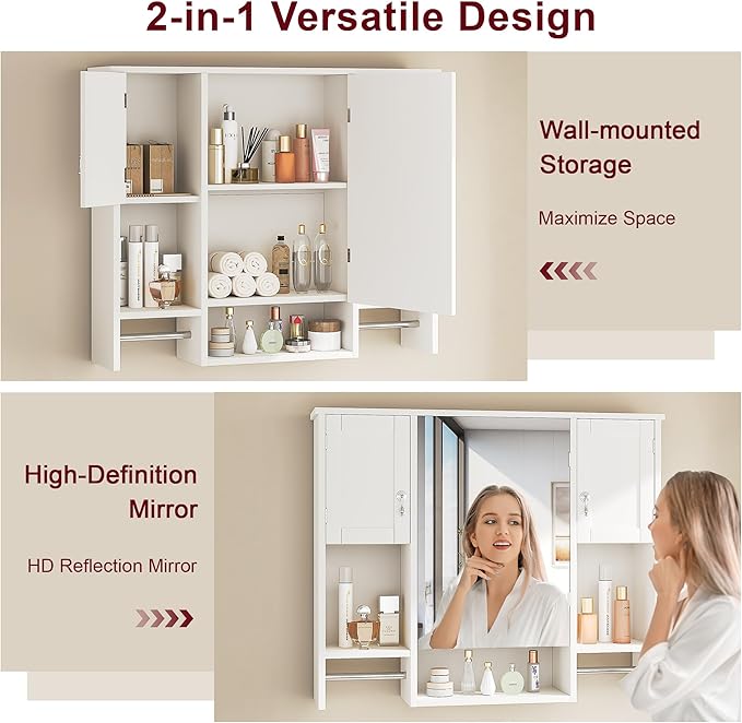 VECELO Bathroom Wall Cabinet with Mirror, Wall Mounted Medicine Cabinet with Open Shelves, 2 Towels Bars for Bathroom Laundry Room Kitchen