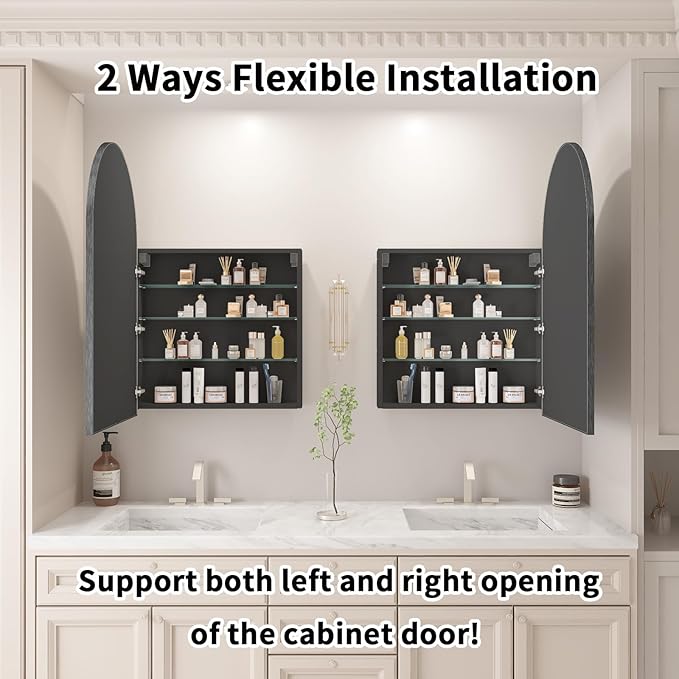 Arched Medicine Cabinet with Mirror,Bathroom Medicine Cabinet with Mirror Wall Mounted,Mirrored Medicine Cabinets with Adjustable Shelves,Not Recessed,24x36 Inch,Black