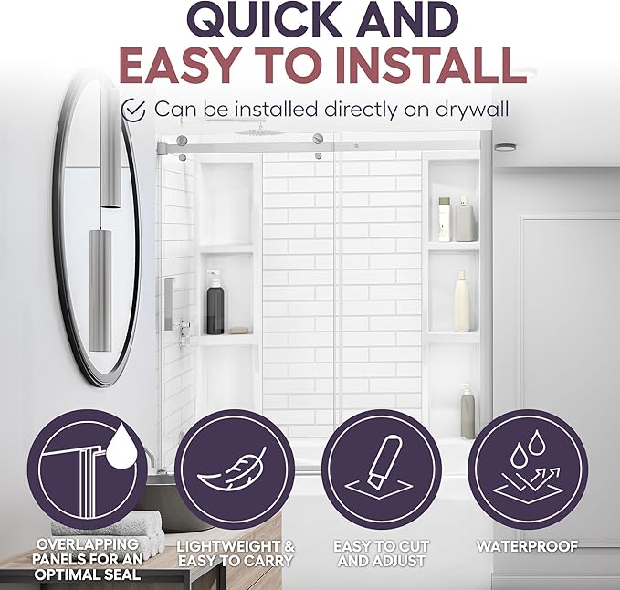 White Polystyrene Tub Wall Surround 32"x 60"x 58" - Waterproof, Easy-to-Install, Two Shelf Units Kit Included - Bathtub Wall Surround Panels - Subway Tiles Pattern, Classic Shelves