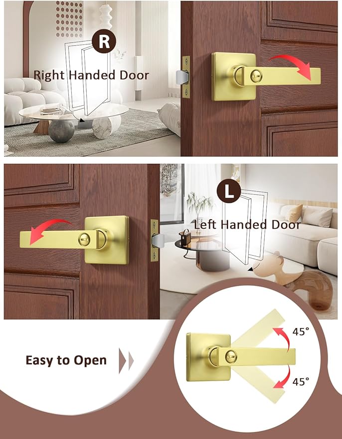 Mengico 10 Pack Gold Privacy Lever Door Handle Interior with Lock, Heavy Duty Square Door Lock for Bed/Bath, Keyless Door Locksets, Reversible for Left Right Handed Doors