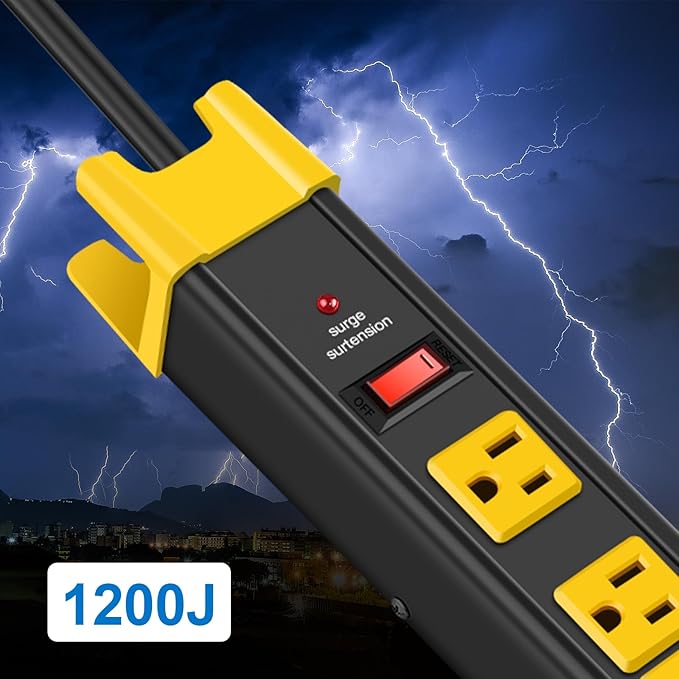 CCCEI Heavy Duty Power Strip Surge Protector - 6 Outlet Industrial Strip with 15A, 1200 Joules - ETL Listed Metal for Shop, Workshop, Garden (6FT, Black)