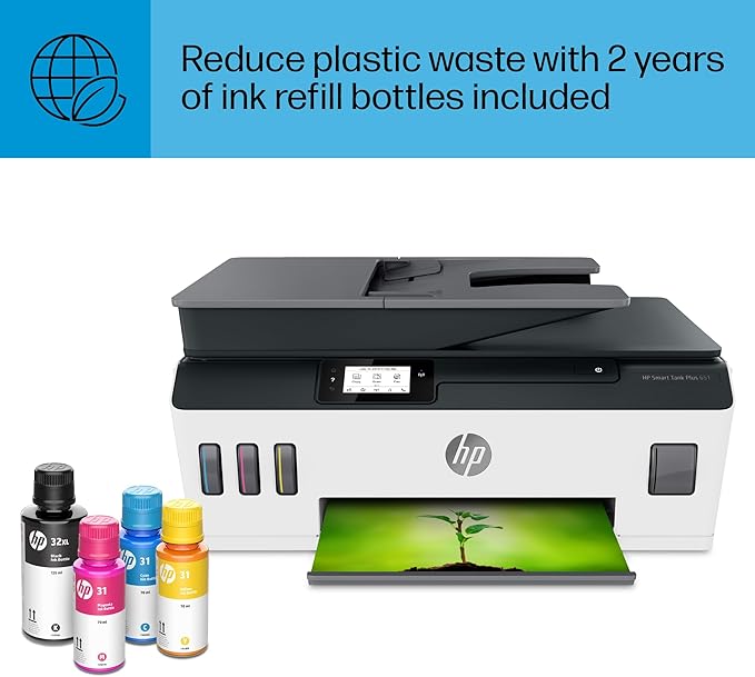 HP Smart Tank Plus 651 Wireless All-in-One Printer, Ink Tank Printer-for-Home Use, up to 2 Years of Ink in Bottles, Auto Document Feeder, Mobile Print, Scan, Copy, Fax (7XV38A)