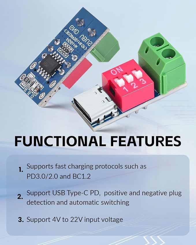 Seloky 4PCS USB-C PD/QC Fast Charge Trigger Module & Decoy Board - Dual-Port Voltage selector (5V/9V/12V/20V Output) Charger Power Delivery Boost Module