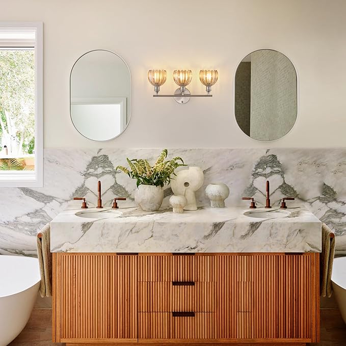 Shenmoyl Bathroom Light Fixtures, 3-Light Vanity Wall Light Over Mirror with Amber Tulip Glass Shade for Bedroom Living Room (Bulb Not Included), Satin Nickel