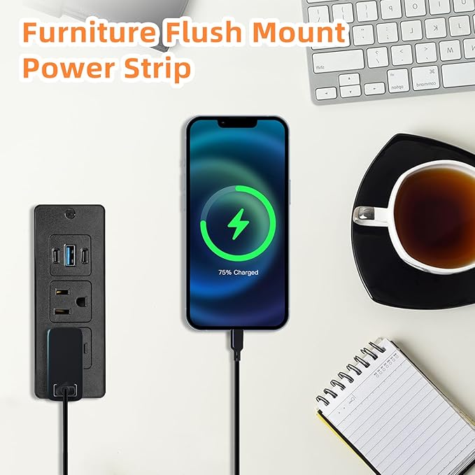 Recessed Power Strip USB, 20W Fast Charging Furniture Outlet - 2 AC & 3 USB (2 USB-C + 1 USB-A) for Desk, Bedside, Drawer, Conference Table - Space-Saving, Easy Install, 6FT Cord, Black