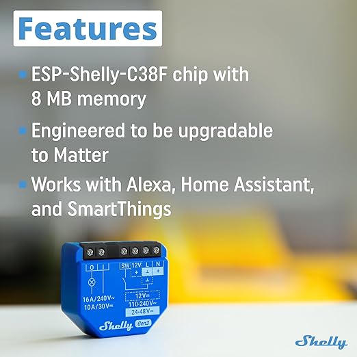 Shelly 1 Gen3, WiFi Smart Relay Switch with Dry Contacts, 1-Channel 16A, Alexa, Home Assistant, SmartThings & Google Home Compatible, DIY Smart Automation, Garage Door Opener, No hub Required