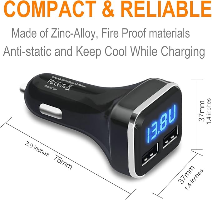 Alivation 3IN1 Digital Volt Gauge with USB Car Charger, 24W Cigarette Lighter Voltage Display Volt Meter Car Battery Monitor with LED Voltage & Amps Display, Dual USB for iPhone X 8 7 6S 6 Plus, 5 SE