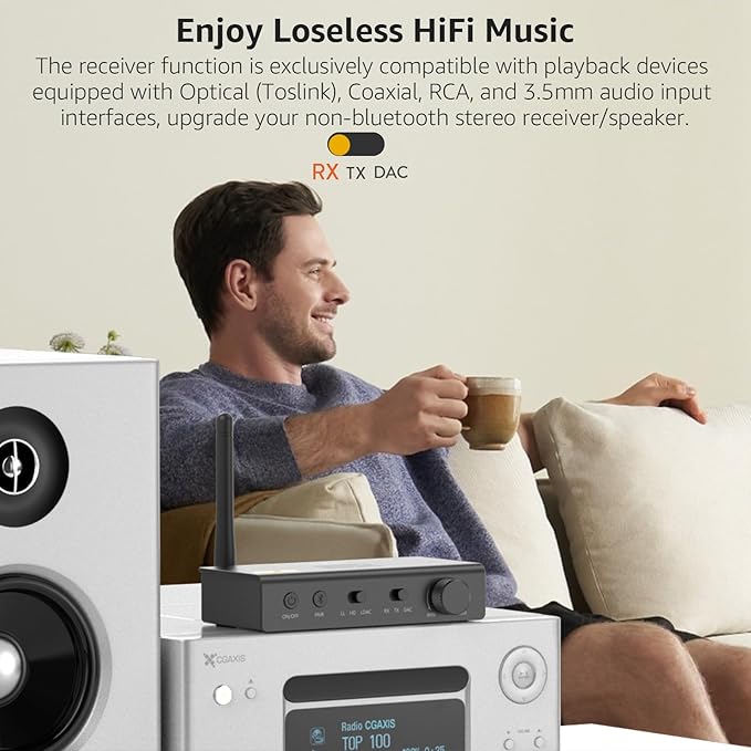 1Mii DS700 HiFi Bluetooth Audio Transmitter Receiver for TV, Long Range Wireless Adapter with Audiophile DAC, LDAC/aptX HD/aptX LL, OLED Display, Optical & Coaxial Input/Output, RCA Output Only