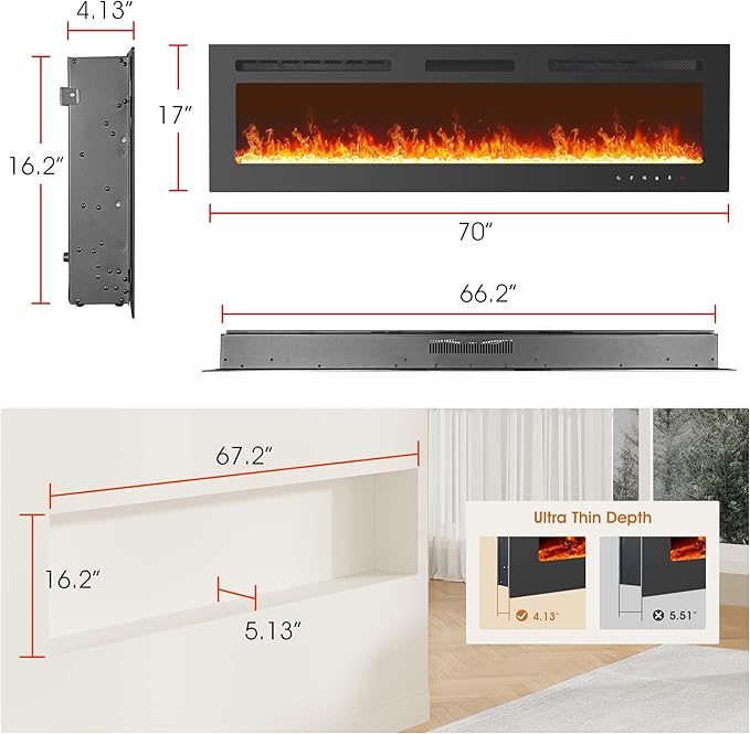 70 inch Ultra-Thin Electric Fireplace Recessed and Wall Mounted with Touch Screen Control Panel/Remote Control- Timer,Realistic 5 Flame - Log & Crystal Hearth Options
