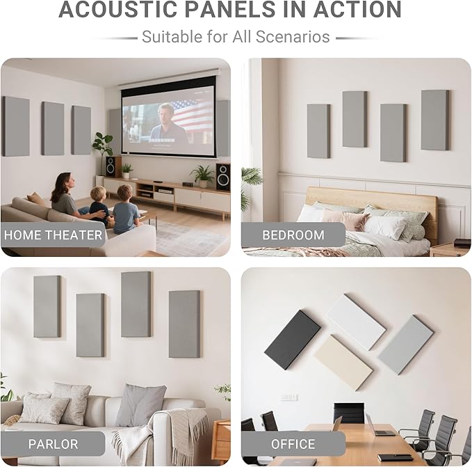 4 Pack High-Density Core with Fabric Cover Acoustic Panels – 24×12×2 In Self-Adhesive Soundproofing and Sound-Absorbing Wall Panels for Echo Reduction in Studio, Theater, or Recording (Pebble Gray)