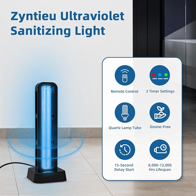Zyntieu 39W UV Light Sanitizer with Remote Control and 3 Timers – Ozone Free Home Disinfection Device, Kills Germs, Viruses, Mold and Dust Mites – Whole Room Ultraviolet Light for Home and Office