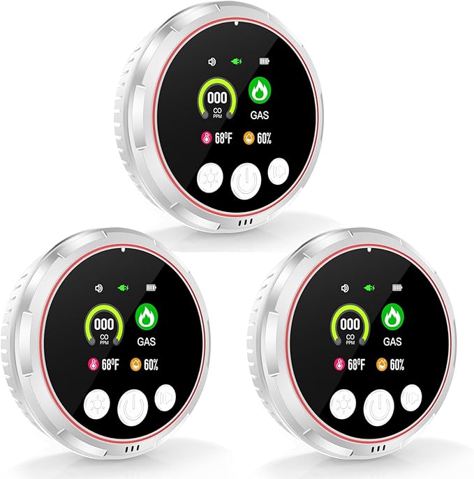 3 Pack 4-in-1 Carbon Monoxide Detectors &Natural Gas Leak Detector, Portable Carbon Monoxide Detectors Plug in & Battery Backup, HD Screen Display