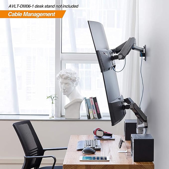 AVLT Dual 13"-32" Monitor Wall Mount fits Two Flat/Curved Computer Screen to Reduce Eye & Neck Strain | Full Motion Swivel Tilt Rotation Height Adjustable Arm | VESA/Cable Management
