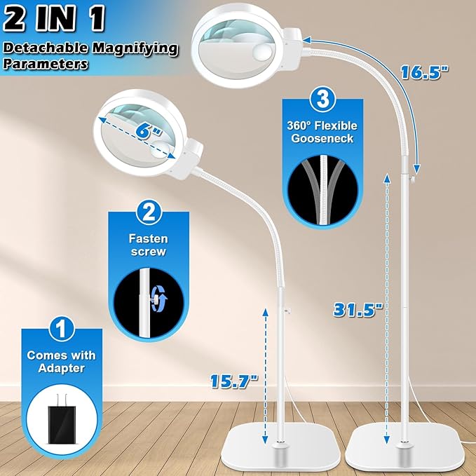 30X 10X Large Floor Magnifying Glass with Light and Stand,72 LED Flexible Gooseneck Floor Magnifying Lamp,2 in 1 Lighted Magnifiers for Close Work, Sewing,Crafts,Hobbies（White）