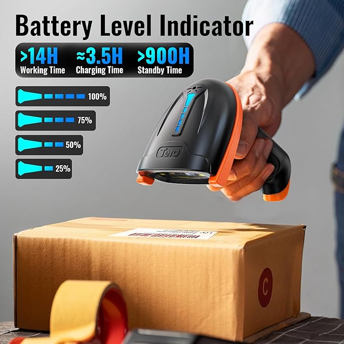 Tera Barcode Scanner Wireless 1D Laser Cordless Barcode Reader with Battery Level Indicator, Versatile 2 in 1 2.4Ghz Wireless and USB 2.0 Wired