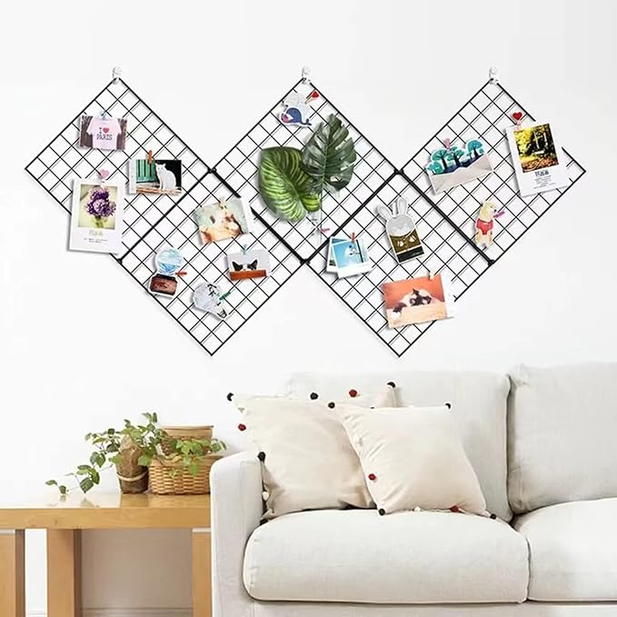 Feadily 6 Pack Metal Grid Panel, 13.8" x 13.8" Black Wire Grid Wall Organizer for Photos, Notes & Decor, Include 2 Hook Racks