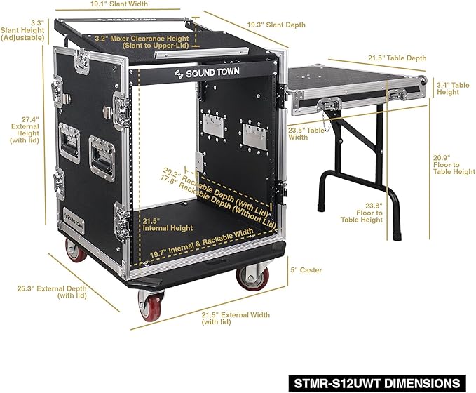 Sound Town High-Quality 1/2” (12mm) 12U PA DJ Pro Audio Rack/Road ATA Case with 11U Slant Mixer Top, Locking Drawer, Side Table, 20.2’’ Rackable Depth and Casters (STMR-12TD2)