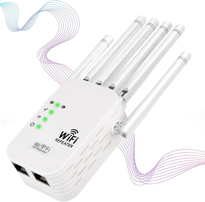 WiFi Repeater, WiFi Extender Signal Booster for Home, 9,880 sq ft Coverage, Repeater/AP Mode, 6 Antennas, WPA2, Ethernet Port, Supports 150+ Devices, White 1PCS