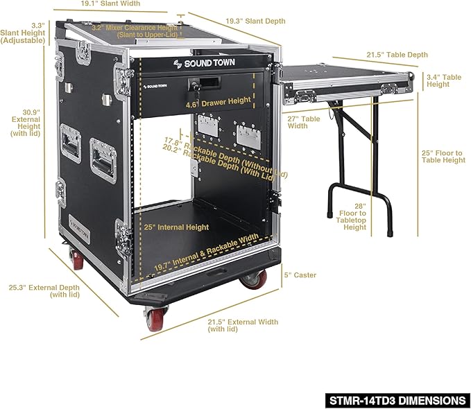 Sound Town Heavy-Duty 1/2" (12mm) Plywood 14U PA DJ Pro Audio Rack/Road ATA Case with 11U Slant Mixer Top, Locking Drawer, Side Table, 20’’ Rackable Depth and Casters (STMR-14TD3)