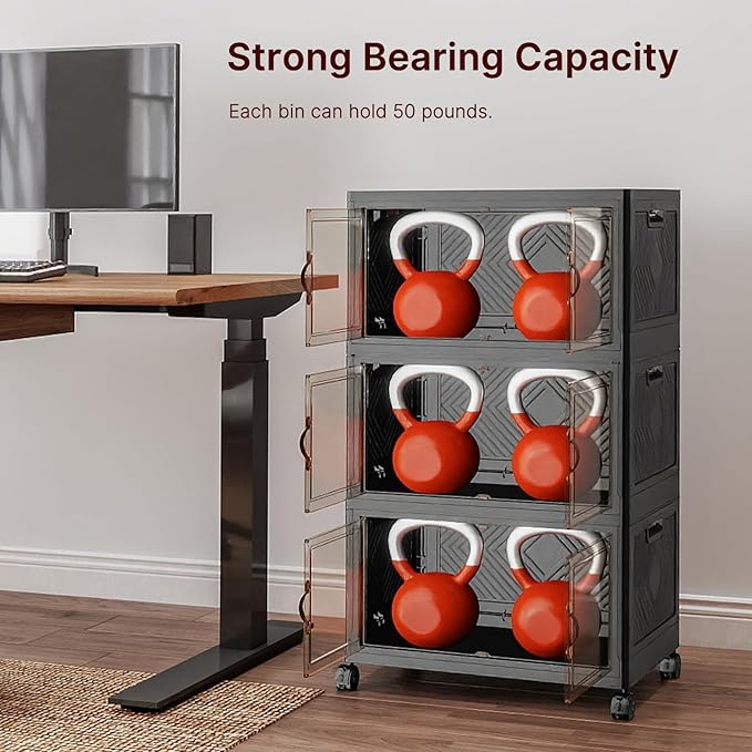 Extra Large Stackable Storage Bins with Lids & Wheels, 330QT-55QT/14GAL*6Pack Foldable Collapsible Closet Organizers Dark Storage Cabinet with Doors for Bedroom Dorm
