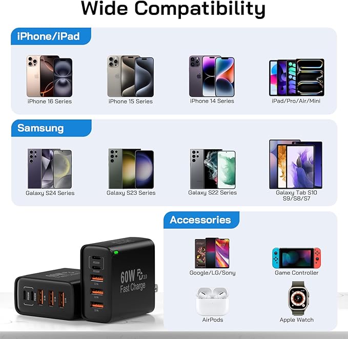 2Pack USB C Fast Charger Block, Total 60W 5-Port USB C Wall Charger 30W Type C Charging Block, 2USB C+3USB A PD 3.0 Multiport Charging Cube for iPhone 17 16 15 14 Pro Max, G-alaxy S25 S24 Ultra, i Pad