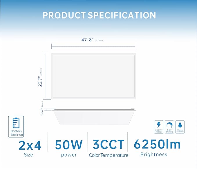 2X4 LED Flat Panel Light with Emergency Battery Backup, 50W 3000K/4000K/5000K, 0-10V Dimmable, 6500 Lumens, LED Drop Ceiling Lights, 100-277V, DLC UL Listed, Ultra Thin Back-Lit(1 Pack)