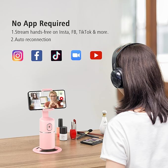 camrola Auto Face Tracking Phone Holder, No App Required, 360° Rotation Face Body Phone Tracking Tripod Smart Shooting Camera Mount for Live Vlog Streaming Video, Rechargeable Battery-Pink