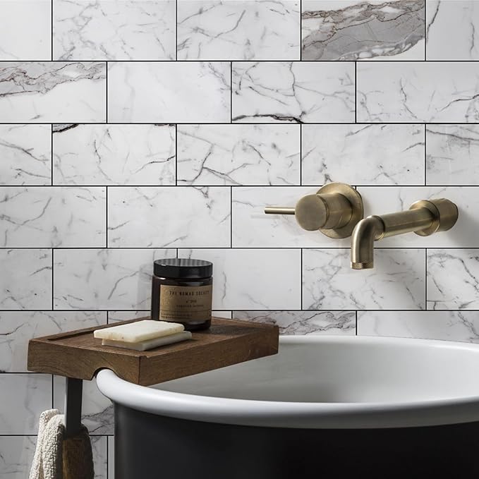 Vamos Tile Peel and Stick Backsplash Tile, 3''x6'' PVC Subway Tile, Stick on Backsplash for Kitchen/Bathroom/Fireplace,4-Piece Glossy Statury White with Dark Gray Grout