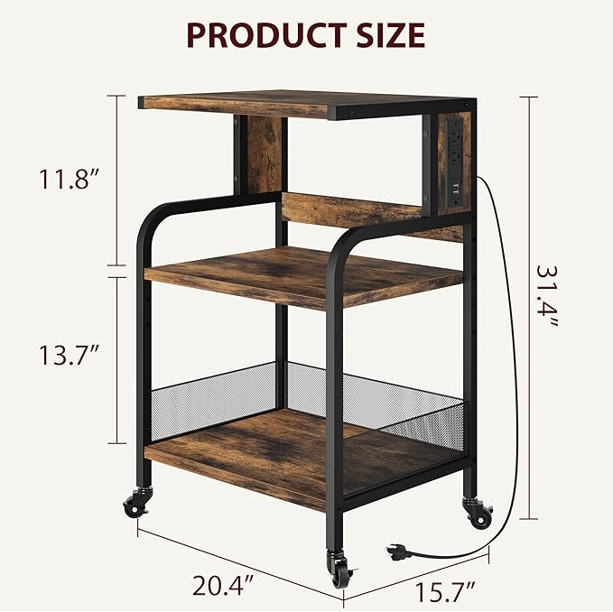 Garvee 3-Tier Large Printer Stand with Power Outlets & USB Port, Industrial Rolling Printer Cart with Heavy Duty Metal Frame & Adjustable Shelf & Storage & Lockable Wheels for Home Office, Retro Brown