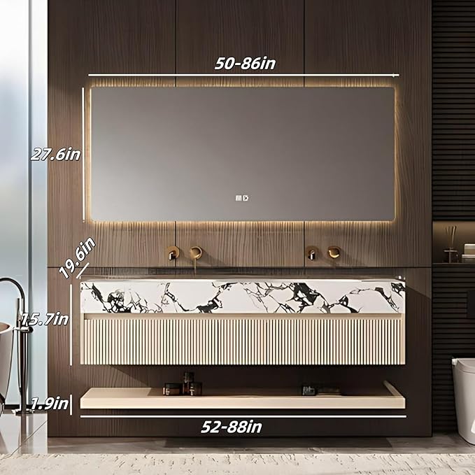 Fashionable Bathroom Vanity with Sink, Smart One-Click Defogging & LED Light, Bathroom Sink and Cabinet with Wave Striped Panel, Rockslab Countertop (Mirror, 76IN)