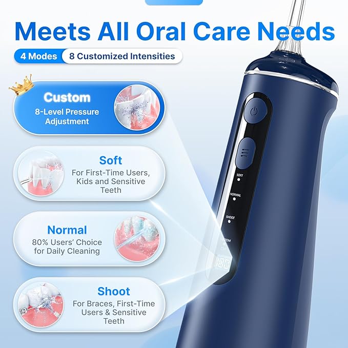Water Flosser for Teeth, Cordless Oral Irrigator Portable Dental Cleaner Picks with 8 DIY Modes 7 Jets 300ml Tank Braces Flossers Rechargeable (Blue)