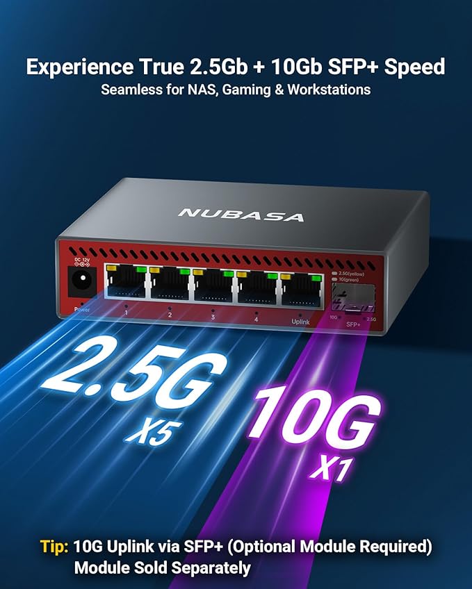 NUBASA 5-Port 2.5Gb Switch with 10Gb SFP+ Port, Unmanaged Multigig Ethernet Splitter for NAS, Gaming, PC - Plug & Play, Silent Aluminum Housing, 2.5 Gigabit Network Switch