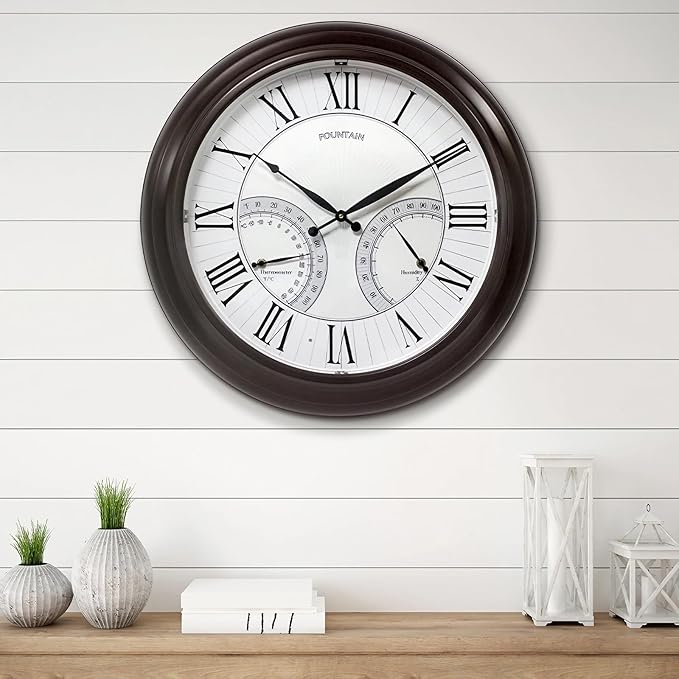 FOUNTAIN DESIGNS 24" Jameson in/Outdoor Lighted Clock, Self-Illuminated, Waterproof, 3 in 1 Weather Station (Thermometer & Hygrometer), Metal Clock, Oil Rubbed Bronze Finish(Night Light)