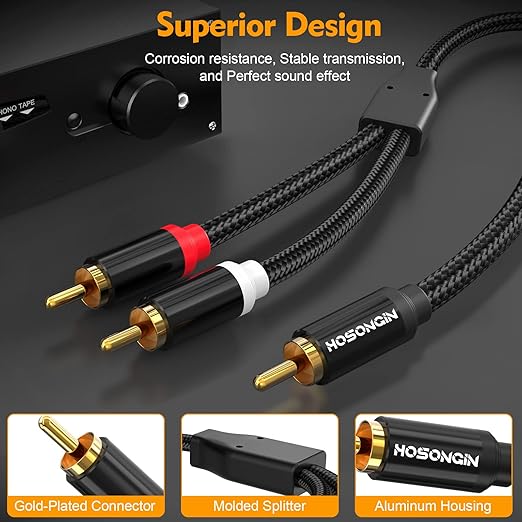 HOSONGIN RCA Y Splitter Cable, 1 Male to 2 Male Audio Cables (2 Pack), 12 Inch, 24K Gold-Plated, Cotton Braided, Shielded Subwoofer Cable for Amplifiers, TV, Home Theater, Hi-Fi Systems