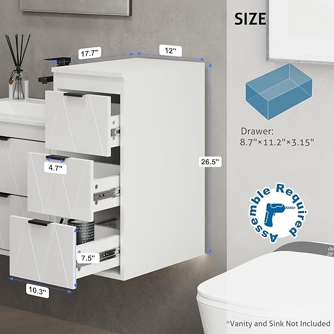 eclife 12" Bathroom Vanities Cabinet with Sink Combo, Wall Mounted Floating Cabinet W/Decor Line, Soft-Close System, 3 Extra Big Drawers, Matte Black Faucet, White