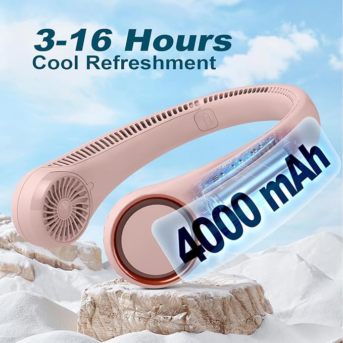 CIVPOWER Neck Fan: Portable Personal Neck Cooling Rechargeable Bladeless Fan - Hands Free 3 Speed 4000 mAh Battery USB Operated Wearable Headphone Design - for Men Women Outdoor Indoor (Pink)