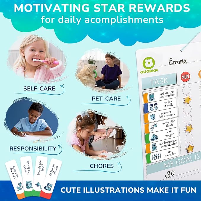 QUOKKA Reward Chart for Kids - Magnetic Behavior Chore Chart for Kids at Home - Dry and Erase Routine and Responsibility - Use 84 Magnets & 102 Stars - from Toddlers to Teens