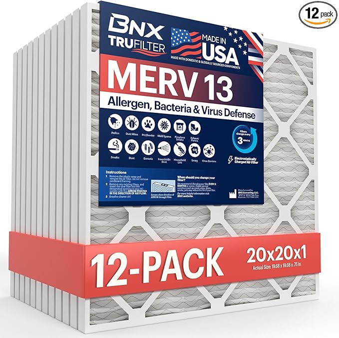 BNX TruFilter 20x20x1 MERV 13 (12-Pack) AC Furnace Air Filter - MADE IN USA - Electrostatic Pleated Air Conditioner HVAC AC Furnace Filters - Removes Pollen, Mold, Bacteria, Smoke