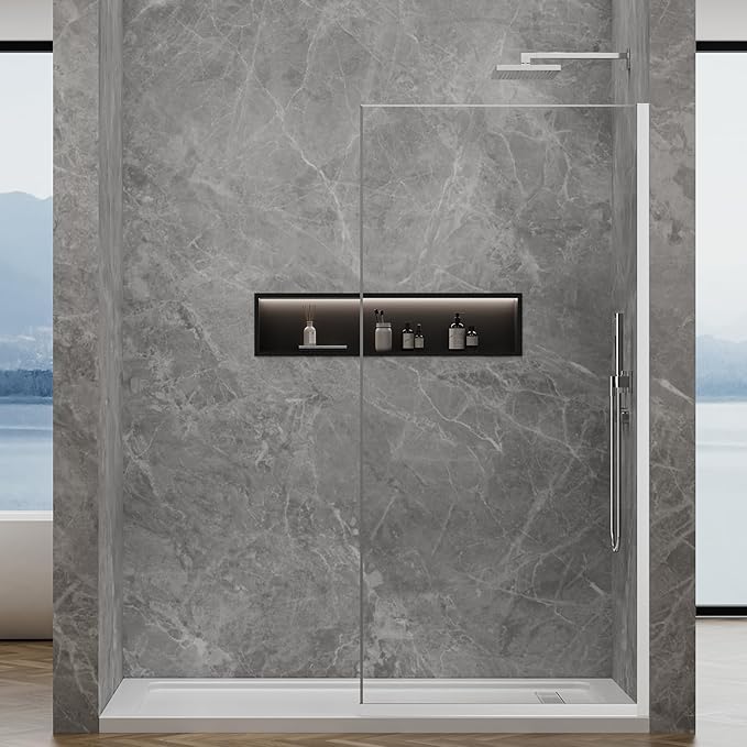35"x74" Semi-Framed Shower Screen, Single Fixed Shower Glass Panel for Bathroom, 3/8" Tempered Glass with Dual-Sided Nano Coating, Reversible Install, Bright Chrome