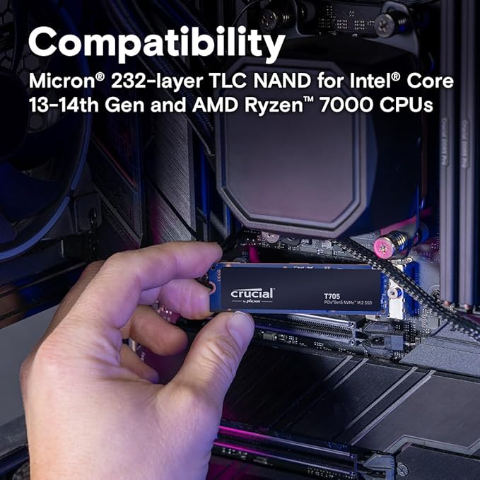 Crucial T705 PCIe Gen5 NVMe 4TB SSD, Up to 14,100MB/s, TLC NAND, Intel & Ryzen Compatible, for Hardcore Gaming & High-Speed Storage, Solid State Drive, Includes 1Mo Adobe CC – CT4000T705SSD3