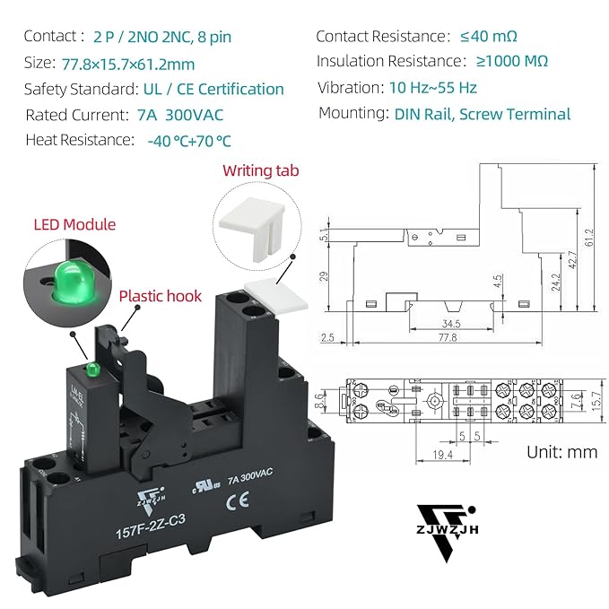 6 Volt Electromagnetic Power Relay with Test Button Coil 8Amp 8 Pins DPDT with Indicator Light and Socket Base UL CE TUV Certification