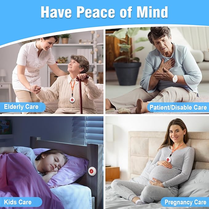 Daytech Caregiver Pager Wireless Call Button for Elderly at Home Life Alert Systems for Seniors/Patient/Disabled 300+ Feet 1 Portable/Vibration Receiver & 1 Emergency Button