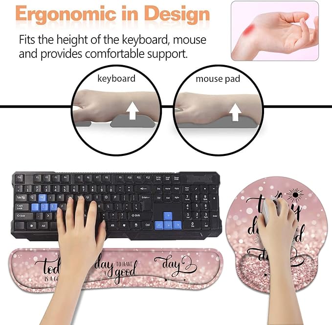 Keyboard Wrist Rest + Mouse Pad Wrist Support Set with Coasters, Today is a Good Day to Have a Good Day Inspirational Quote with Non-Slip PU Base Ergonomic Mousepad for Home Office Working Studying