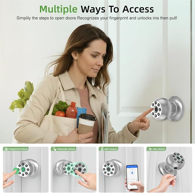 Fingerprint Door Knob, Smart Biometric Lock, Satin Nickel | Code & App Control - Image 2
