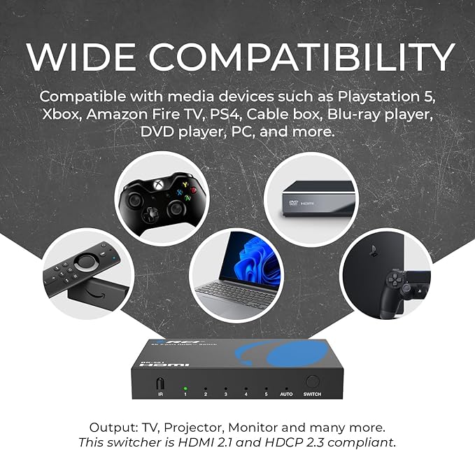 OREI 8K HDMI Switch 5 in 1 Out – HDMI Switch with Remote 8K@60Hz 4:2:0/4K@120Hz 4:4:4-48Gbps Switcher with HDR10+, VRR, ALLM & QFT, CEC - for PS5, Xbox, Roku, Fire TV