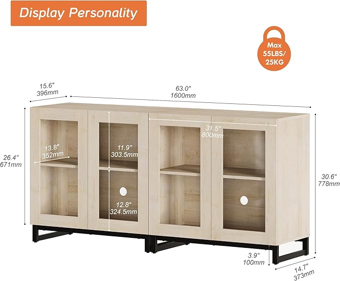 WAMPAT Modern TV Stand with Glass Doors for 32-70 inch TVs, 2 in 1 Entertainment Center Console with Adjustable Shelves for Living Room, Bedroom, Light Oak