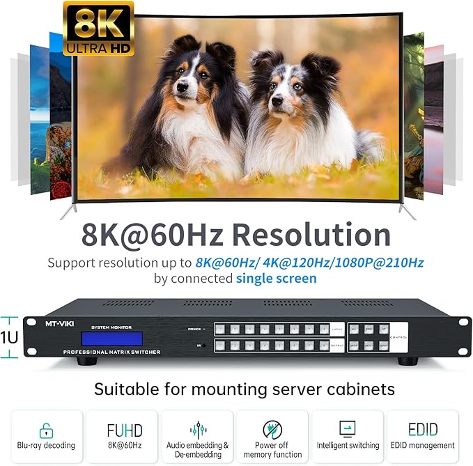 MT-VIKI 8x8 8K UHD HDMI 2.1 Matrix Switcher with Audio De-embedder, 8K@60Hz and 4K@120Hz, EDID, RS232, LAN Port, APP, Web GUI (8 in 8 Out)