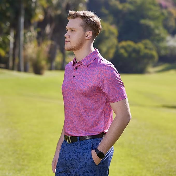 Golf Shirts for Men Dry Fit Short Sleeve Print Performance Moisture Wicking Polo Shirt