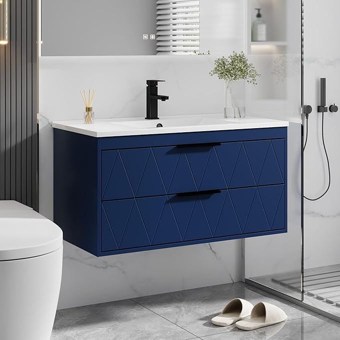 eclife 36" Bathroom Vanities Cabinet with Sink Combo, Wall Mounted Floating Cabinet W/Decor Line, Soft-Close System, 2 Extra Big Drawers, Matte Black Faucet, Navy Blue